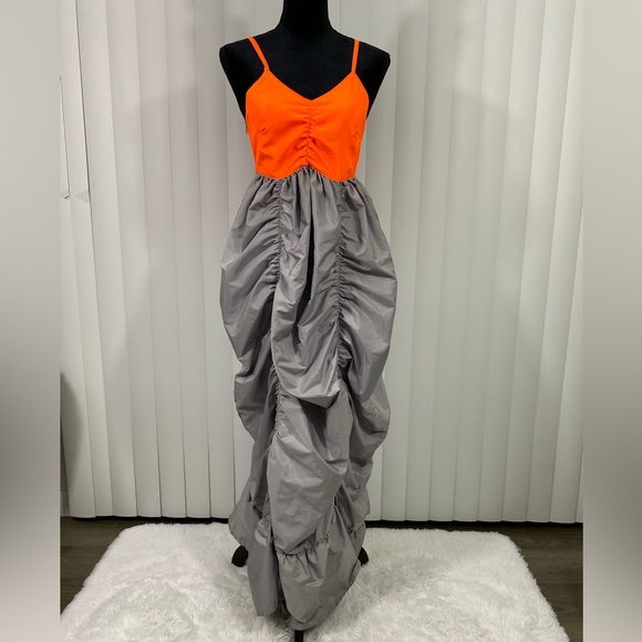 LUSIFER x MO&CO Ruched Nylon Parachute Maxi Dress Gray Neon Orange Size Small - Picture 4 of 16